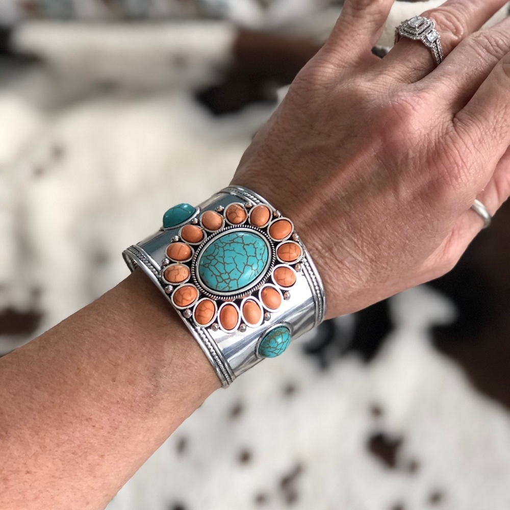 Unique Turquoise and Orange Concho Cuff Bracelet